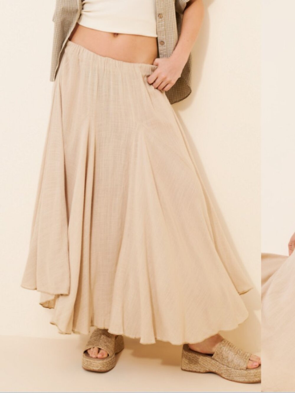 Free People Madras That Solid Linen Maxi Skirt A Line Godet Mid Rise XS 286706